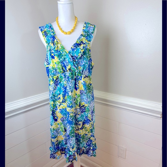 New Directions Abstract Print and Ruffled Dress 14 FREE SHIP - Picture 1 of 5